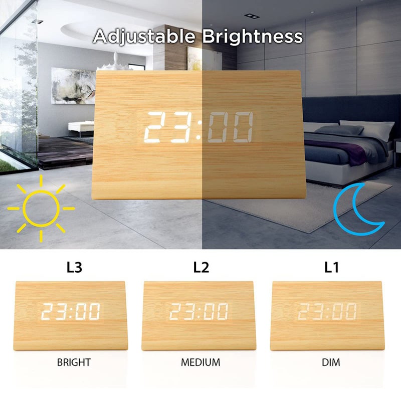 GEARONIC Digital Alarm Clock Wooden Alarm Clock Wood Modern Triangle Alarm Digital Desk Clock, Displays Time Date Temperature Calendar Wood Made Electric Clocks for Bedroom, Bedside - Bamboo - Image 3